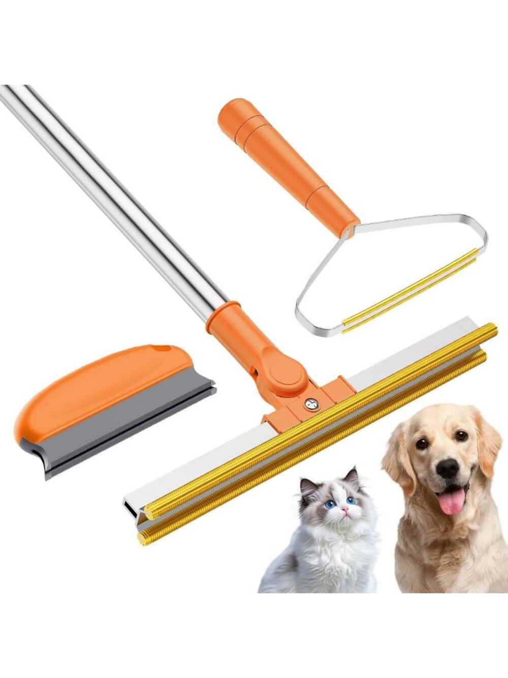 3-in-1 Pet Hair Removal Tool Set - 55" Long Handle Carpet Rake & Scraper for